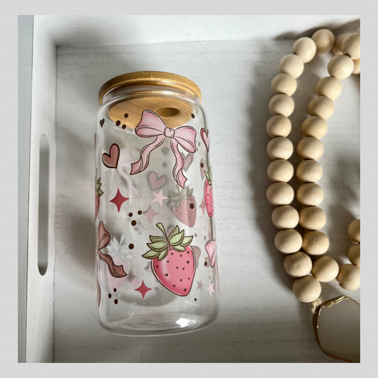 Strawberry Bows Glass Can Cup